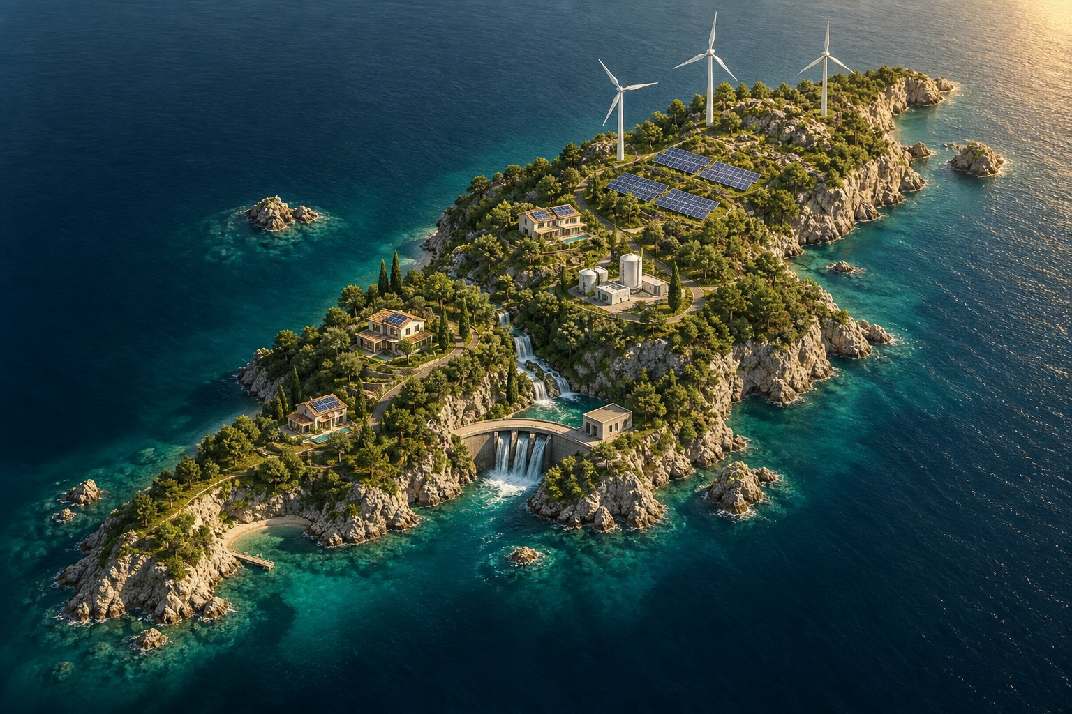 Fantasieinsel mit Windrädern, Solarfeldern, Häusern, Energiespeichern und einem kleinen Wasserkraftwerk – KI-generierte Illustration.